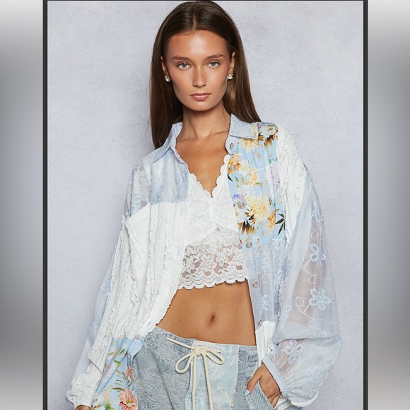 POL Pants - P6068— (POL) MATCHING JACKET—Floral Patchwork Blue Lace Crochet JACKETS